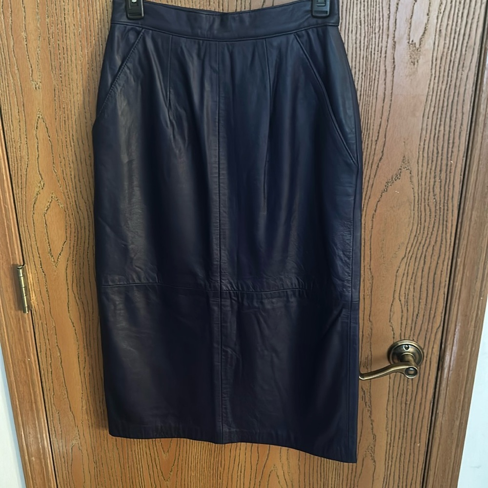 Navy Lamb Skin Leather Midi  Skirt